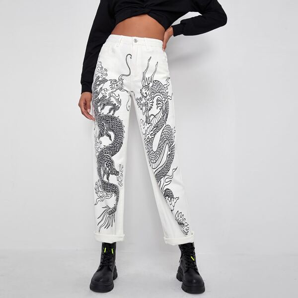 

Chinese Dragon Straight Jeans, White