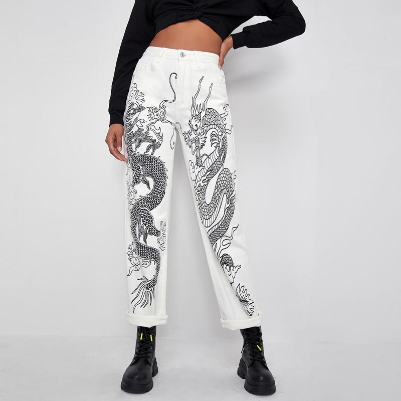 

Chinese Dragon Straight Jeans, White
