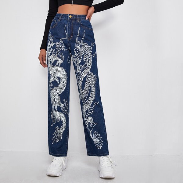 

Chinese Dragon Straight Jeans, Dark wash