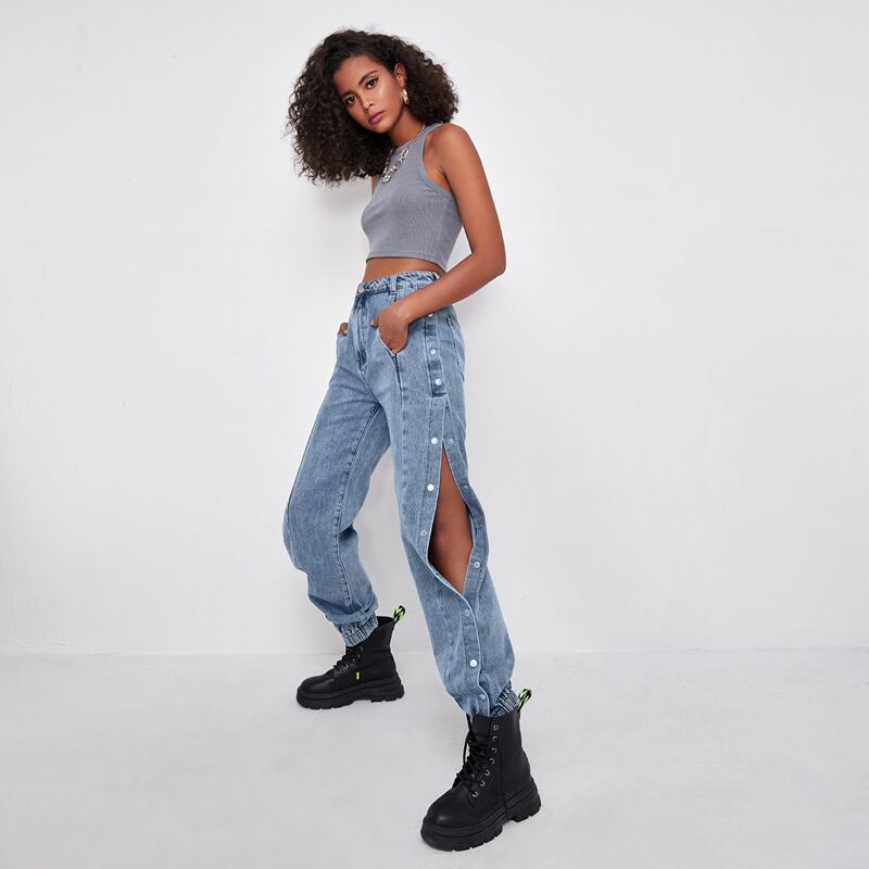 

High-Waisted Buttoned Side Light Wash Jeans