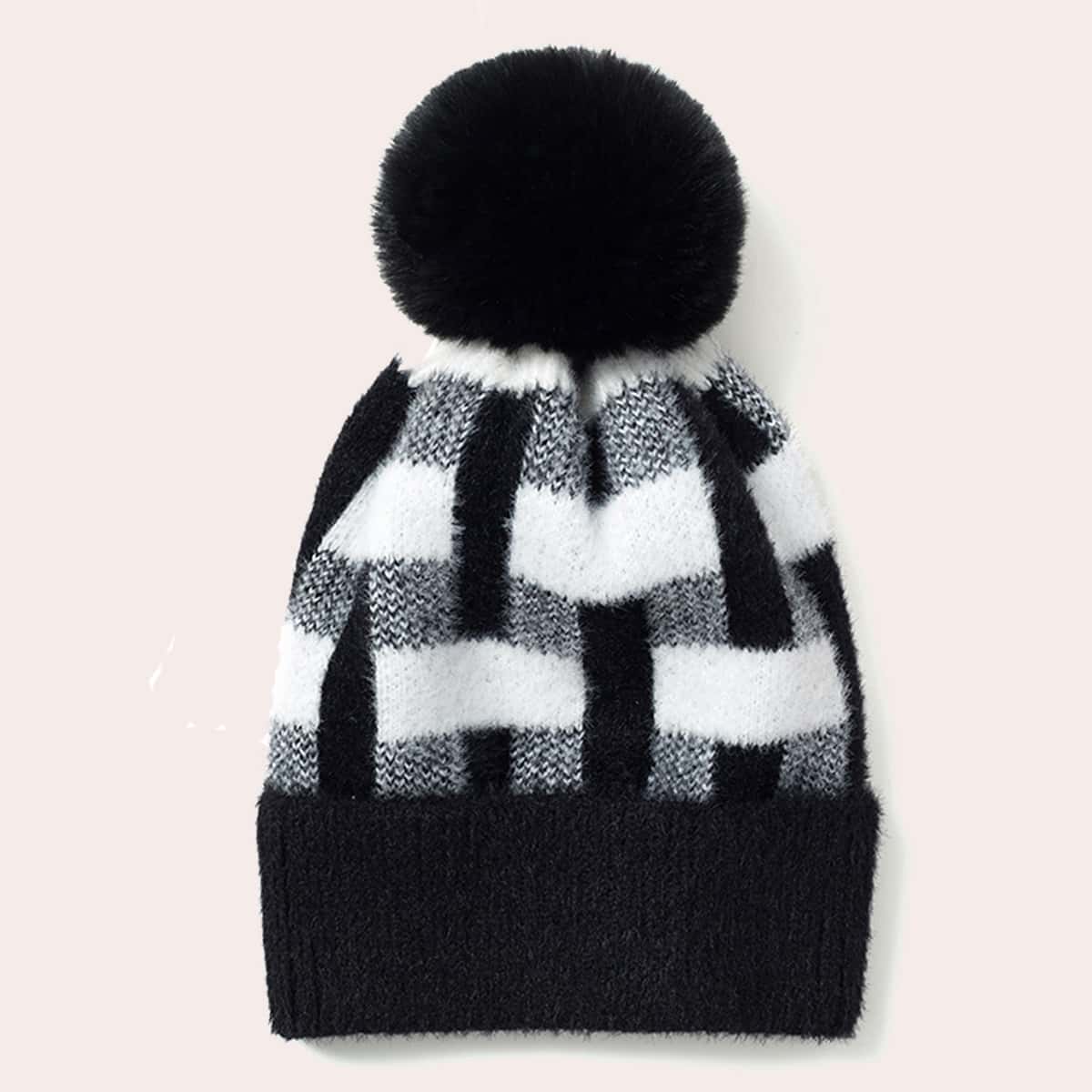 

Pom Pom Plaid Knitted Beanie, Black and white
