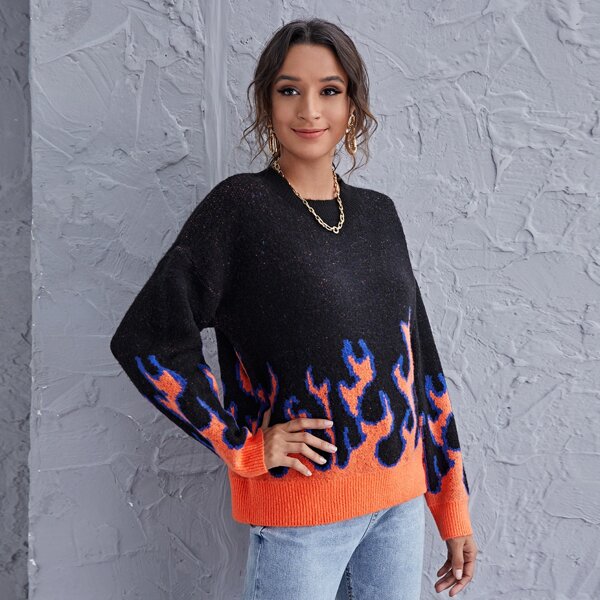 

Drop Shoulder Fire Pattern Sweater, Black