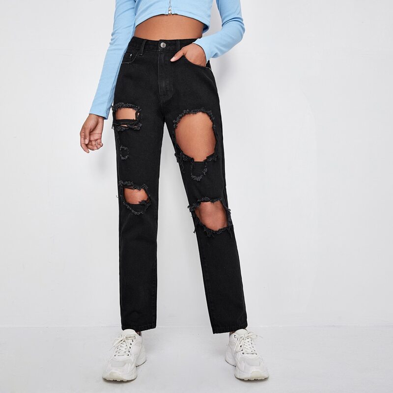 

High Waist Ripped Jeans, Black