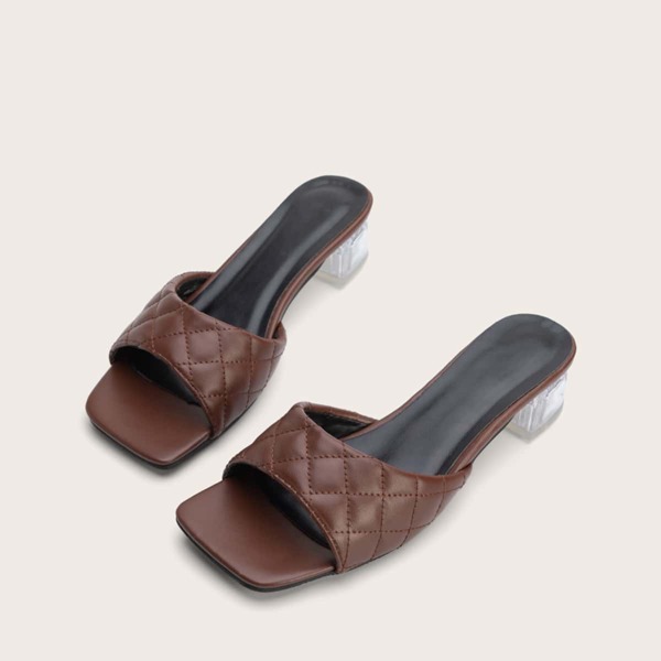 

Open Toe Quilted Clear Heeled Mules, Coffee brown