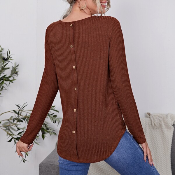 

Solid Button Back Rib-knit Longline Tee, Coffee brown