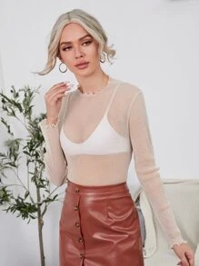 SHEIN BAE Lettuce Trim Sheer Glitter Mesh Top Without Bra - Apricot - View 3