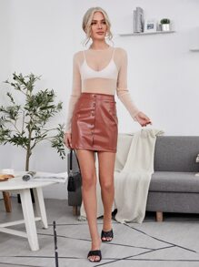 SHEIN BAE Lettuce Trim Sheer Glitter Mesh Top Without Bra - Apricot - View 4