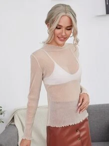 SHEIN BAE Lettuce Trim Sheer Glitter Mesh Top Without Bra - Apricot - View 5