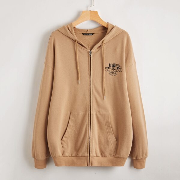 

Figure Print Drop Shoulder Zip Up Drawstring Hoodie, Khaki