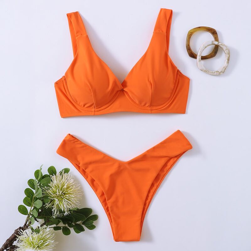 

Solid Push Up Bikini Swimsuit, Orange