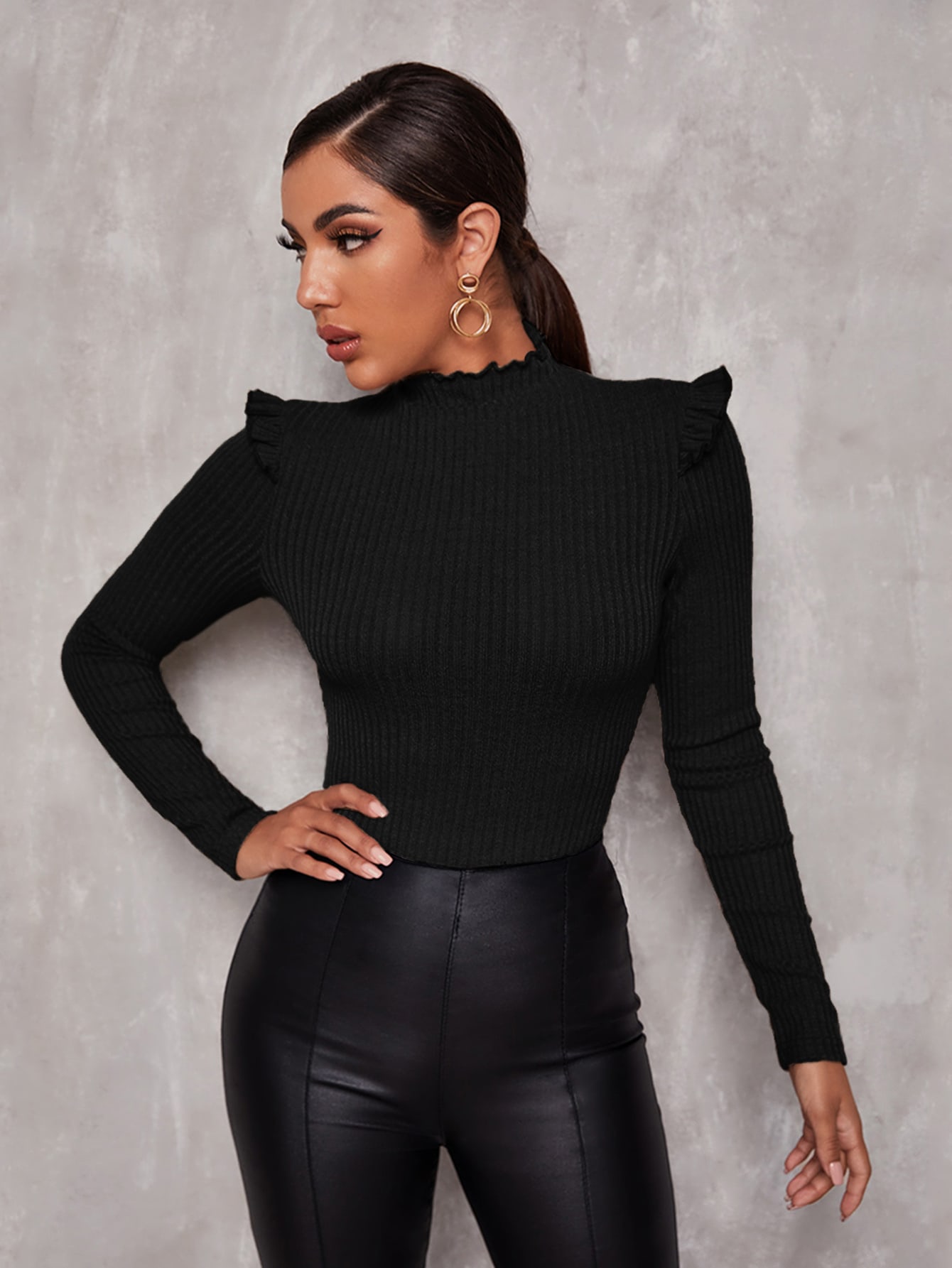 Lettuce Edge Mock-neck Ruffle Trim Fitted Tee thumbnail