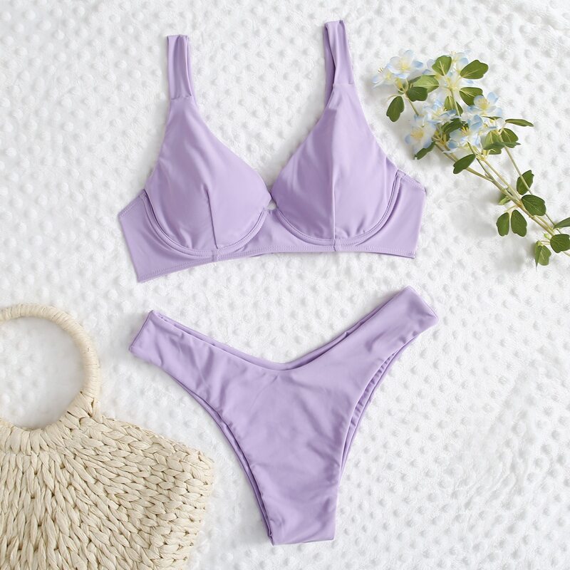 

Solid Push Up Bikini Swimsuit, Lilac purple
