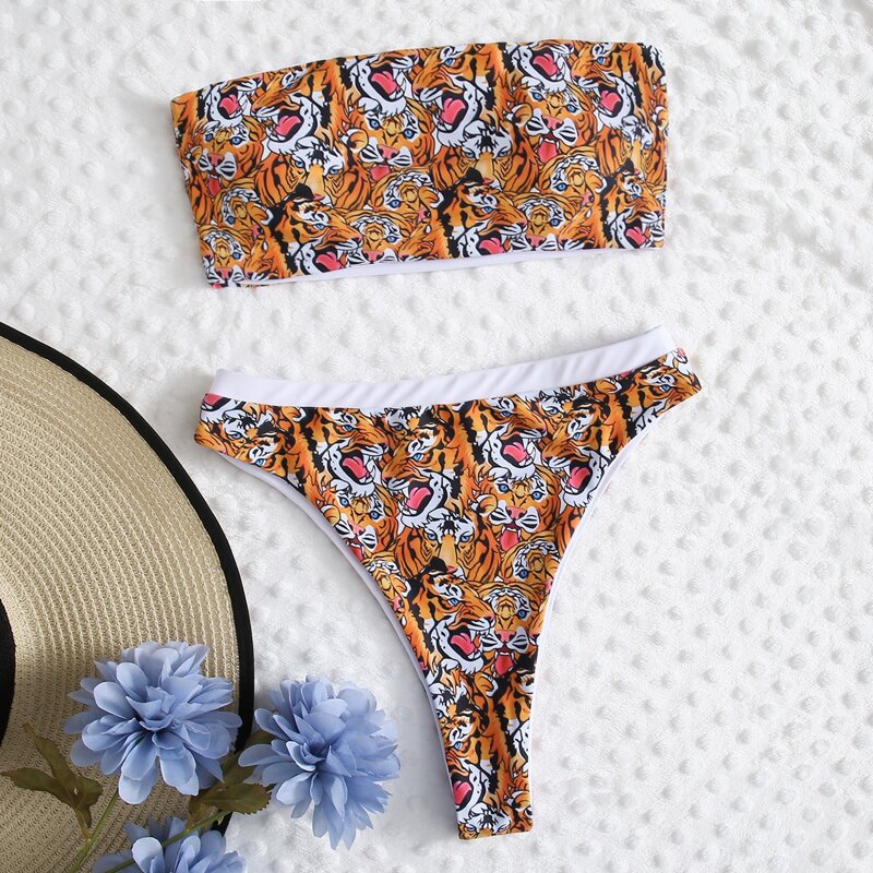 

Tiger Print High Waist Bikini Swimsuit, Multicolor