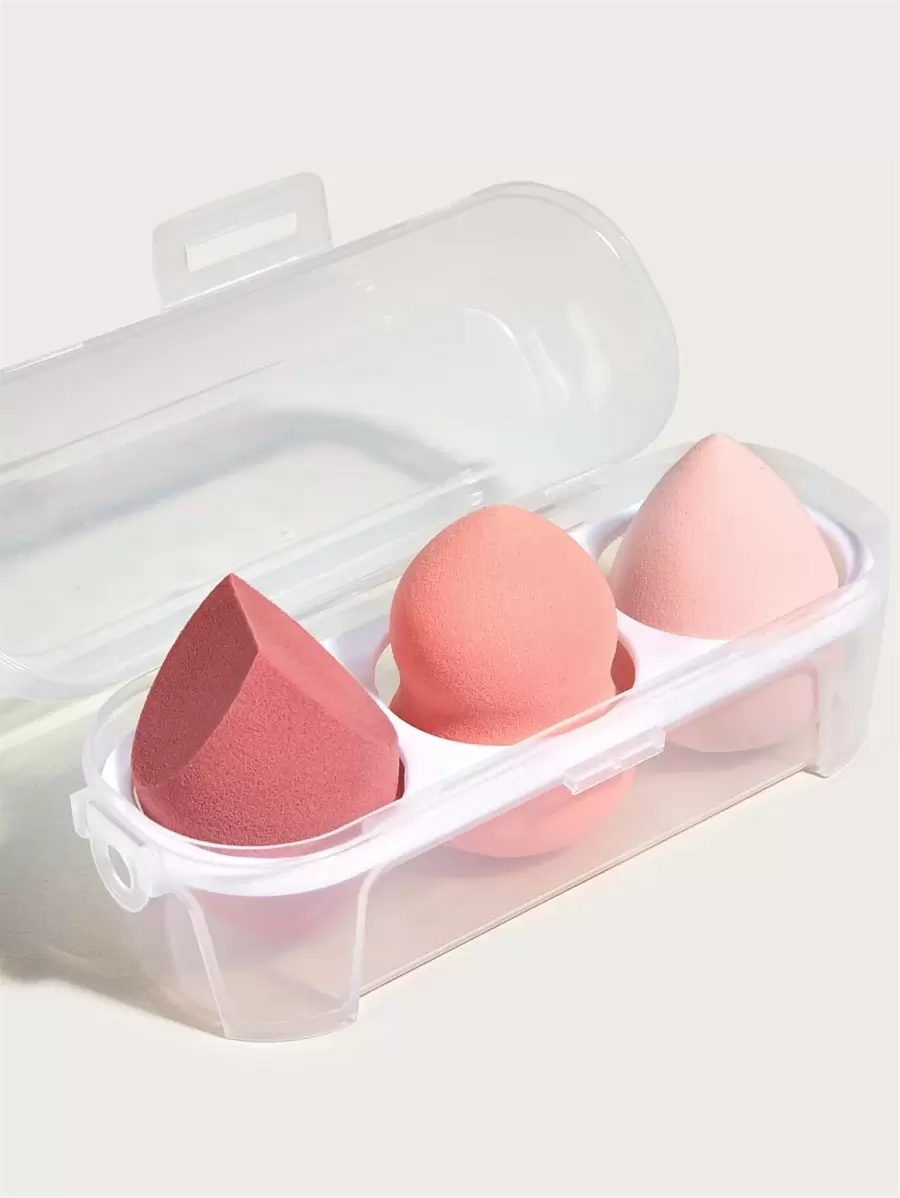 3pcs-Pink Series Makeup Sponge Case Blender Beauty Foundation Holder Blending Sponge Egg Set Makeup Sponge Wet And Dry Storage Box Egg Sponge Organizer Stocking Gift For Women - Pink - View 1