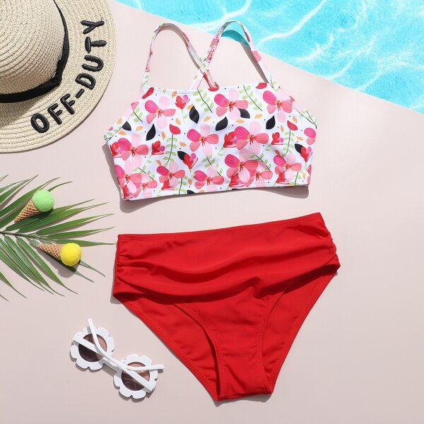 

Girls Floral Ruched High Waisted Bikini Swimsuit, Multicolor