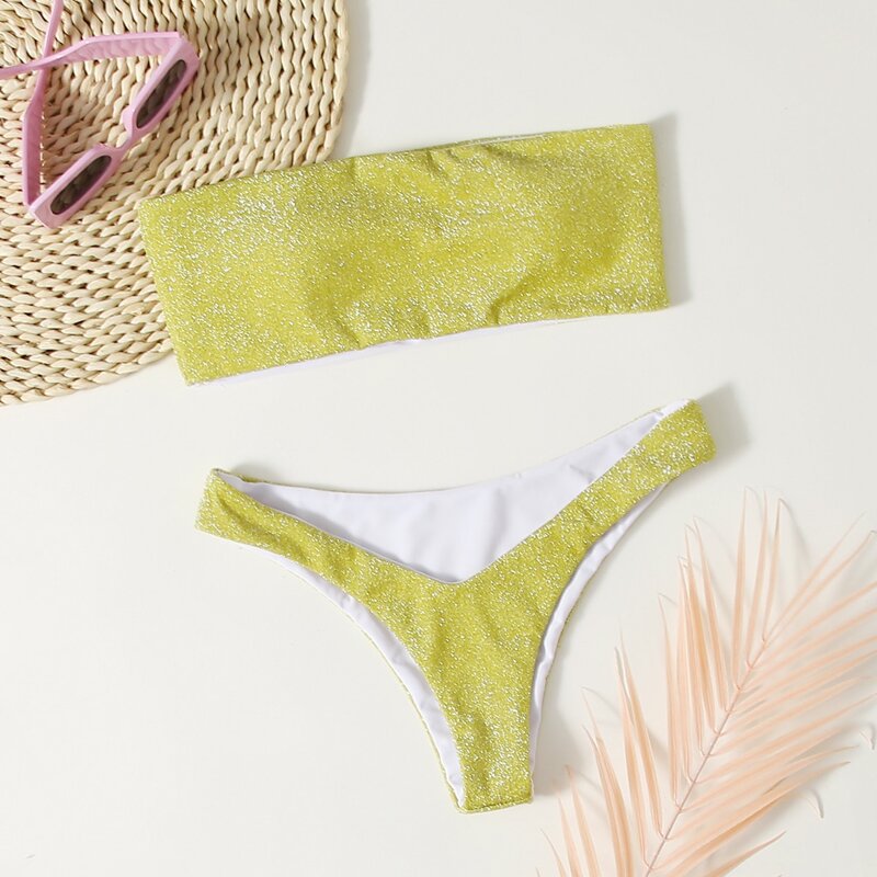 

Solid Glitter Bikini Swimsuit, Yellow