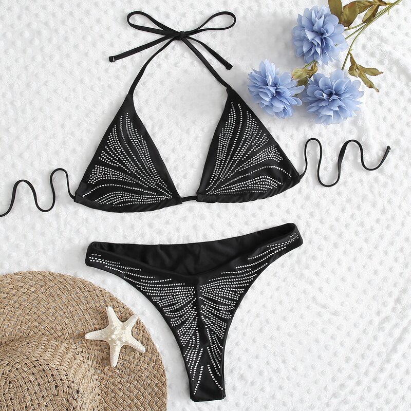 

Solid Rhinestone Triangle Bikini Swimsuit, Black