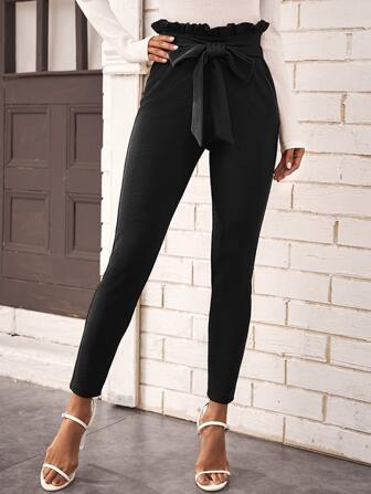 SHEIN Privé Belted Paperbag Waist Skinny Trousers