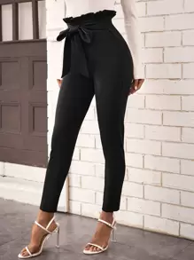 SHEIN Privé Pantalones ajustados de cintura con volante con cinturón