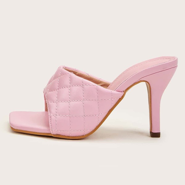 

Open Toe Quilted Stiletto Heeled Mules, Baby pink