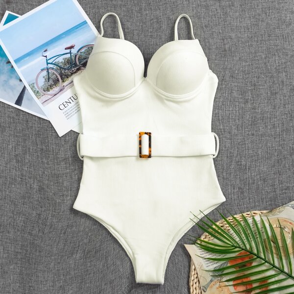 

Plain Rib Push Up One Piece Swimsuit, White