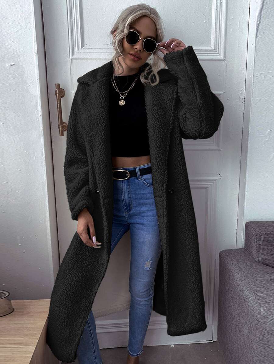 SHEIN Essnce Lapel Collar Double Button Teddy Coat - Black - View 1