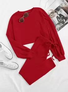 SHEIN Rib-knit Top & Leggings Set - Red - View 1