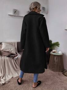 SHEIN Essnce Lapel Collar Double Button Teddy Coat - Black - View 2