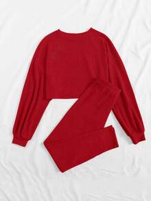 SHEIN Rib-knit Top & Leggings Set - Red - View 2
