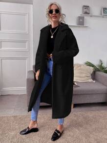 SHEIN Essnce Lapel Collar Double Button Teddy Coat - Black - View 3