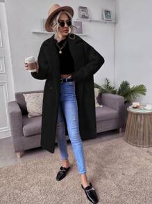 SHEIN Essnce Lapel Collar Double Button Teddy Coat - Black - View 4