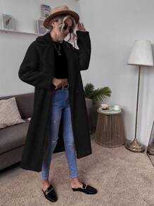 SHEIN Essnce Lapel Collar Double Button Teddy Coat - Black - View 5