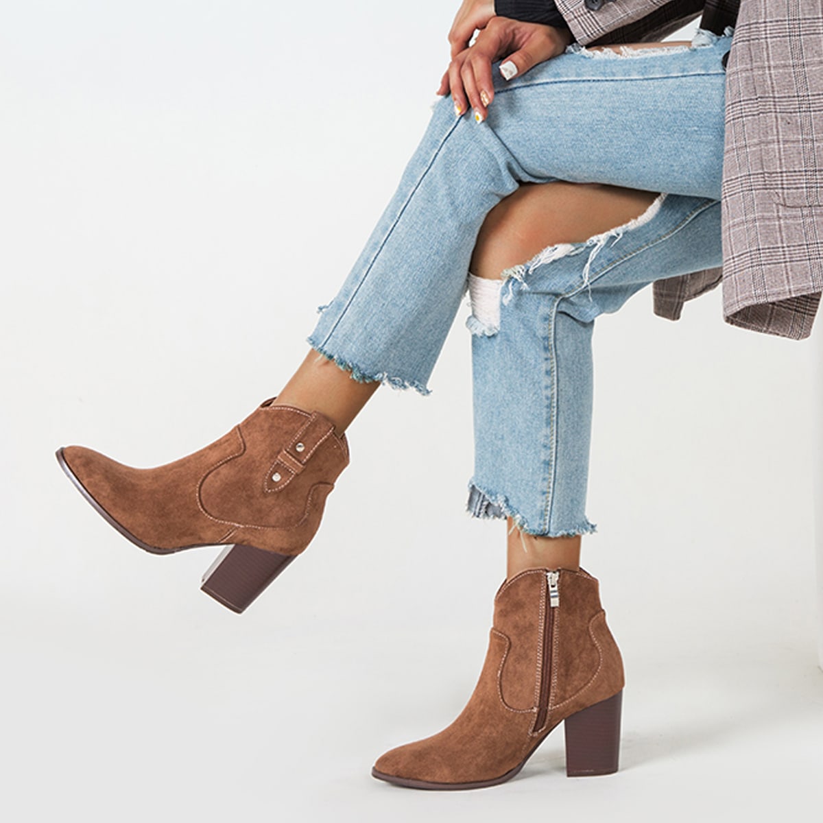 Image of Side Zipper Chunky Heeled Ankle Boots