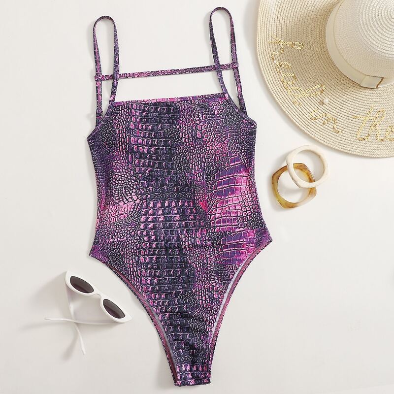 

Snakeskin Print One Piece Swimsuit, Purple