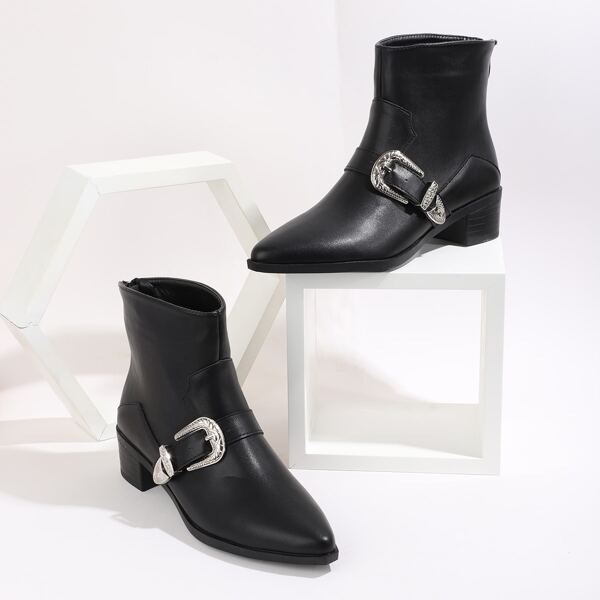 

Point Toe Buckle Decor Ankle Boots, Black