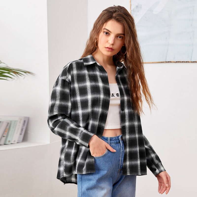 

Plaid Button Front Blouse, Black and white