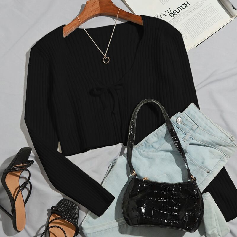 

Tie Front Rib-knit Crop Cardigan, Black