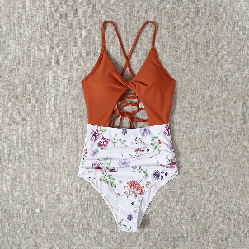 

Floral Cut Out One Piece Swimsuit, Multicolor