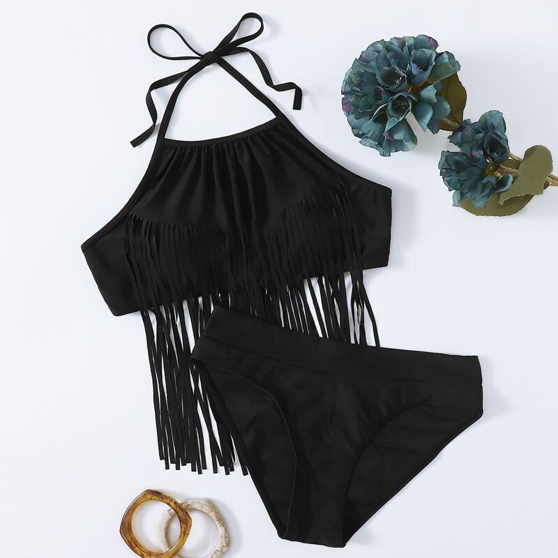 

Solid Longline Fringe Halter Bikini Swimsuit, Black