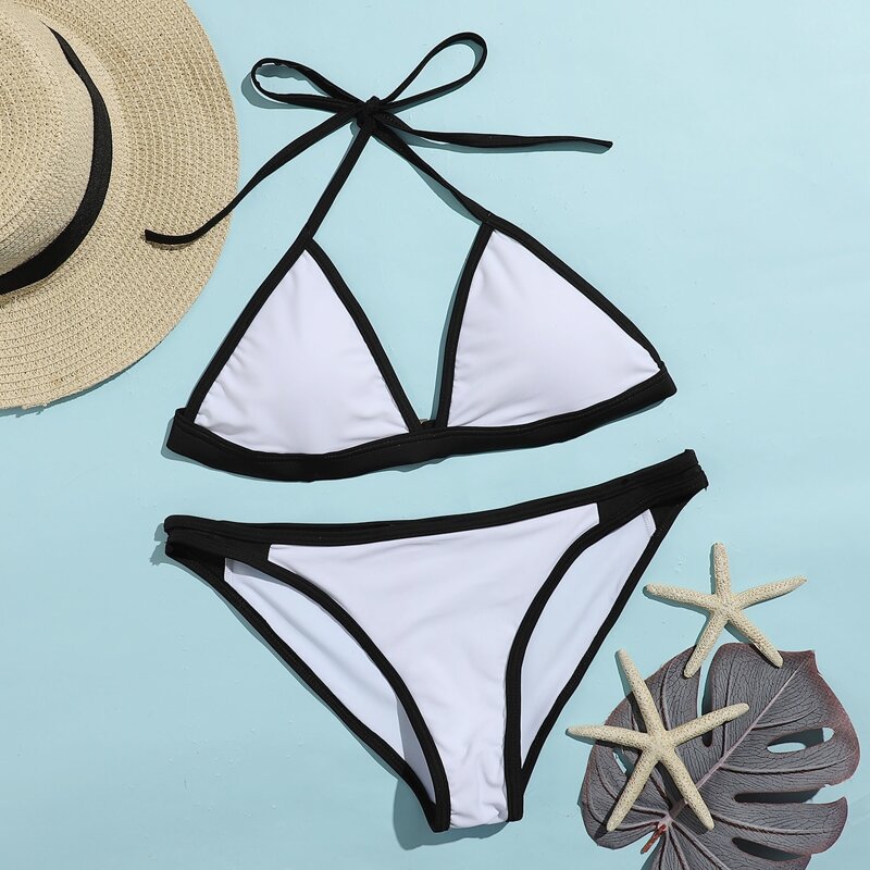 

Contrast Binding Triangle Bikini Swimsuit, Black and white