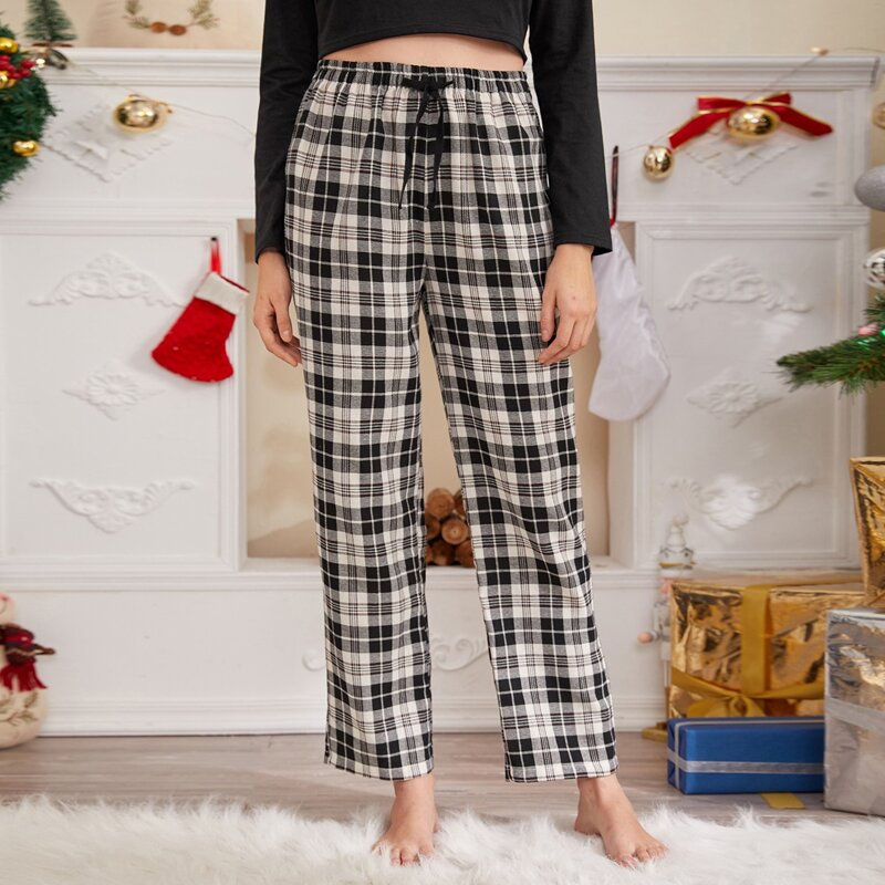 

Plaid Drawstring Lounge Pants, Black and white