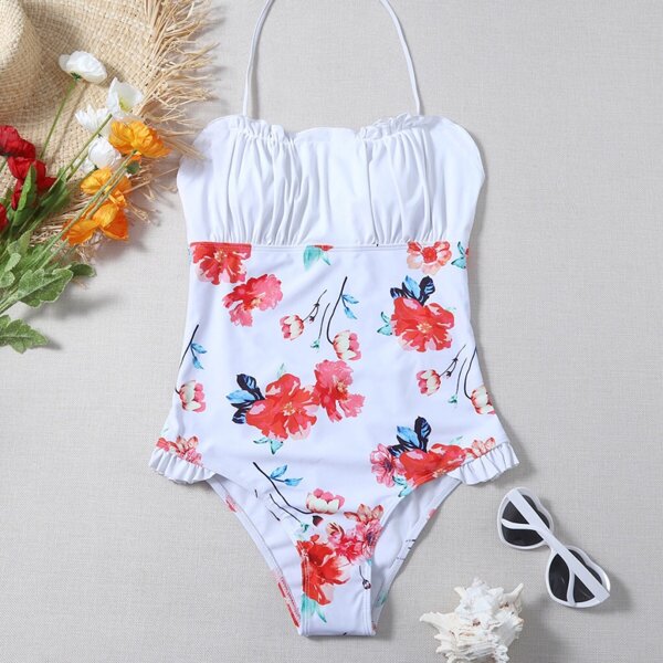 

Floral Ruched Bust Frill One Piece Swimsuit, White
