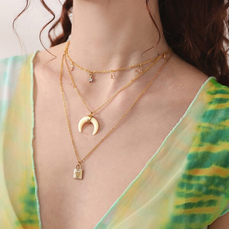 

Moon & Lock Layered Necklace, Gold