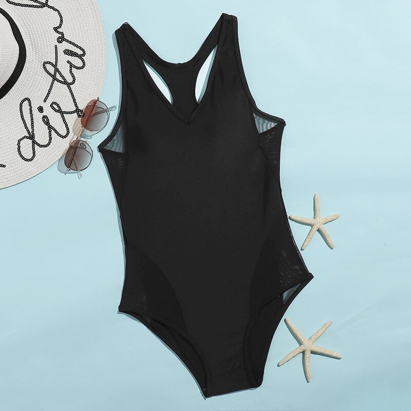 

Solid Contrast Mesh One Piece Swimsuit, Black