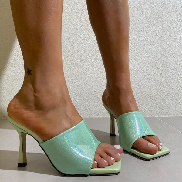 

Open Toe Glitter Stiletto Heeled Mules, Green