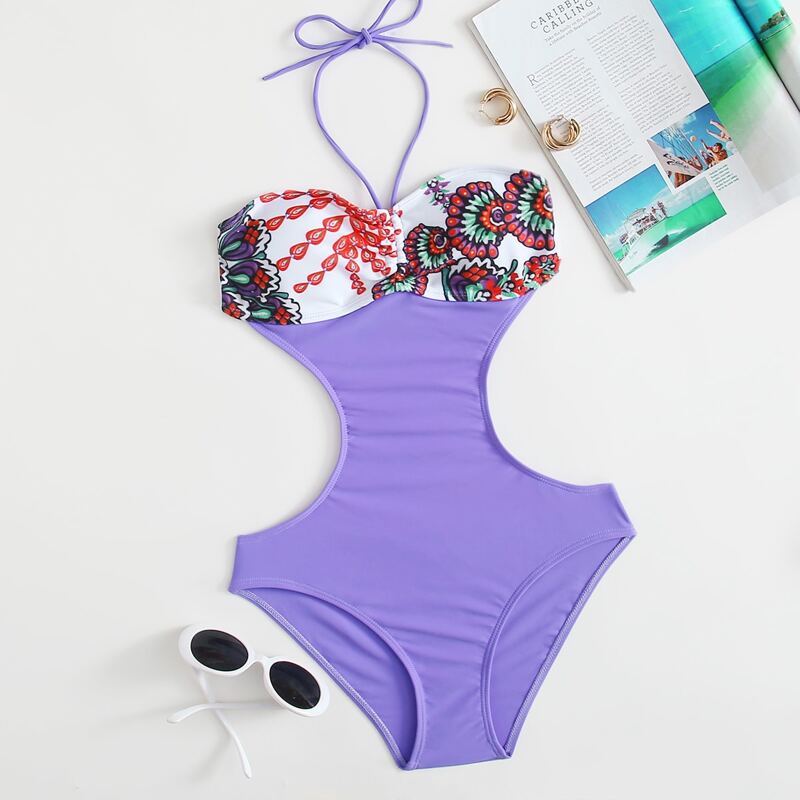 

Floral Cut Out One Piece Swimsuit, Purple