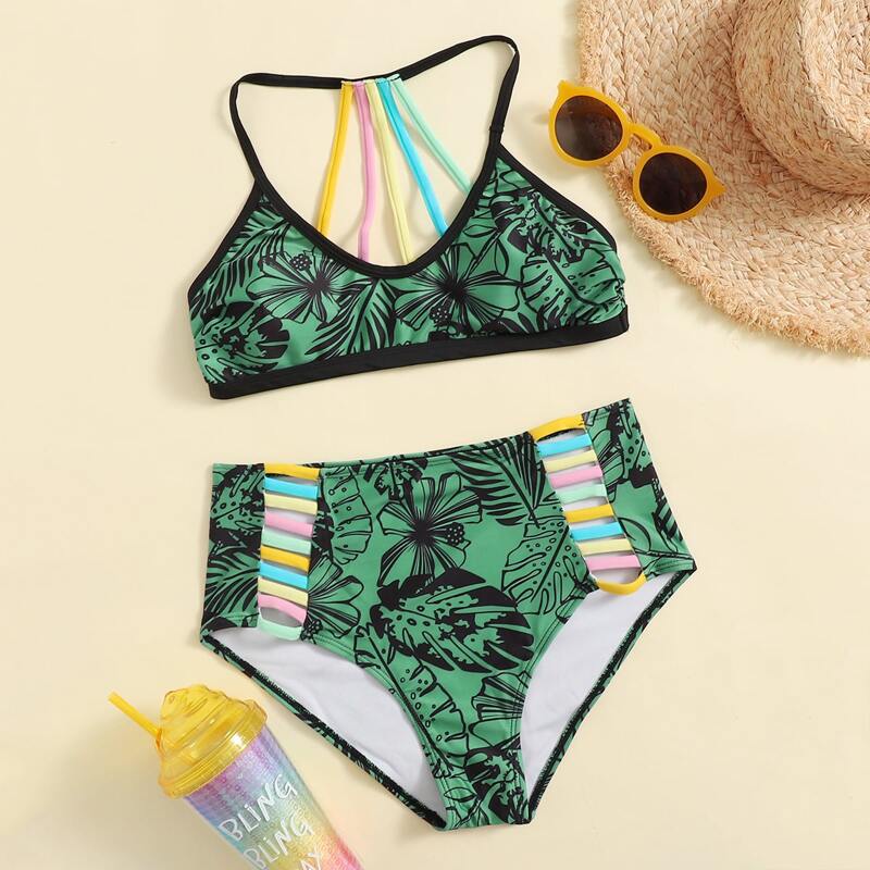

Leaf Print Cut Out High Waist Bikini Swimsuit, Green