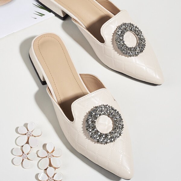 

Rhinestone Decor Quilted Flat Mules, Beige