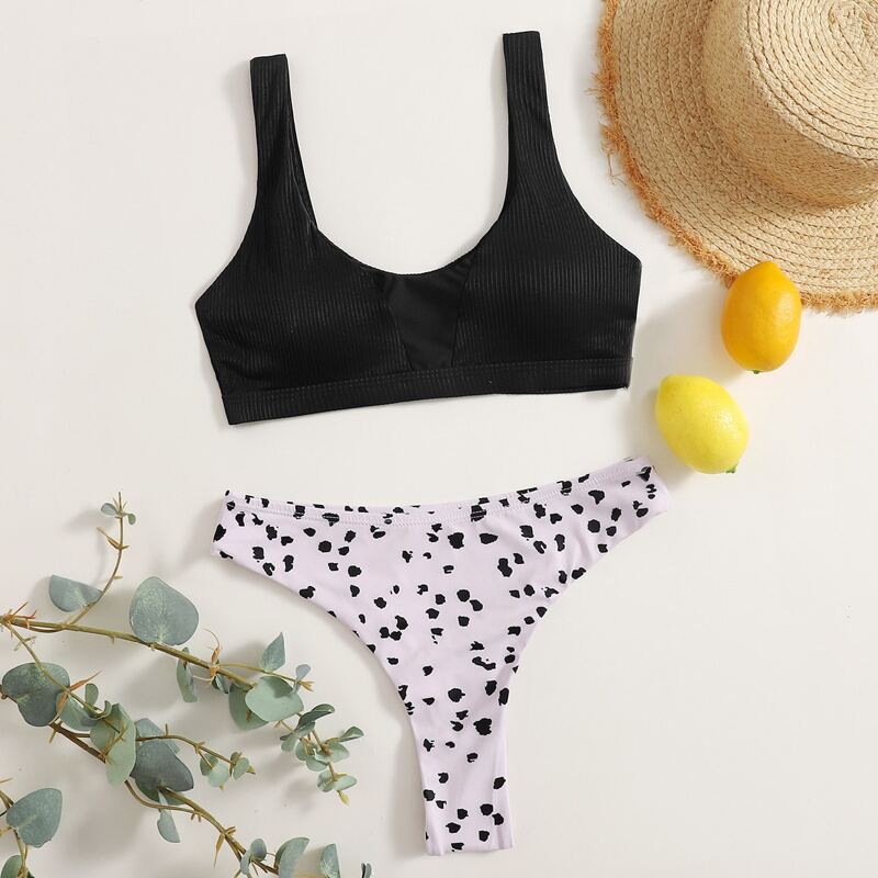

Allover Print Bikini Swimsuit, Black and white