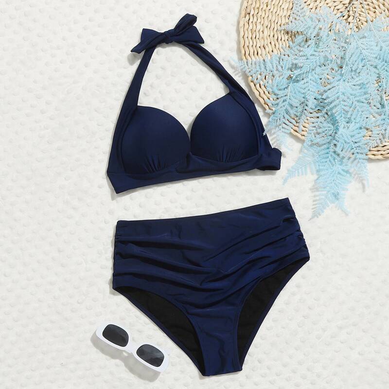 

Solid High Waist Bikini Swimsuit, Navy blue
